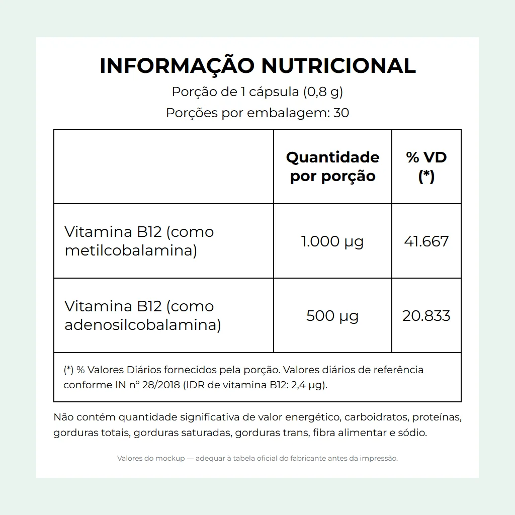 Informação nutricional: porção de 1 cápsula, vitamina B12 metilcobalamina + adenosilcobalamina