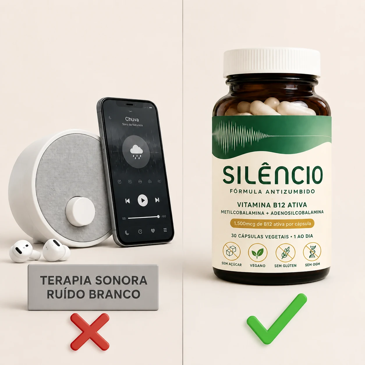 Terapia sonora e ruído branco só mascaram o apito; a fórmula Silêncio ataca a origem